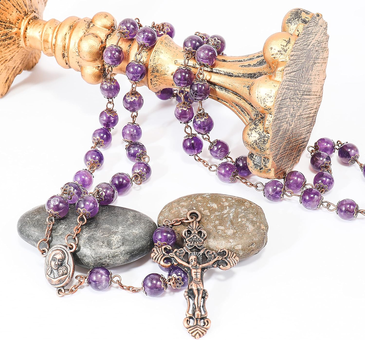 Nazareth Store Vintage Design Rosary Necklace Purple Amethyst Stone Beads 8mm Holy Soil Medal & Cross Crucifix Religious Rosaries Terra Santa Jerusalem Collection