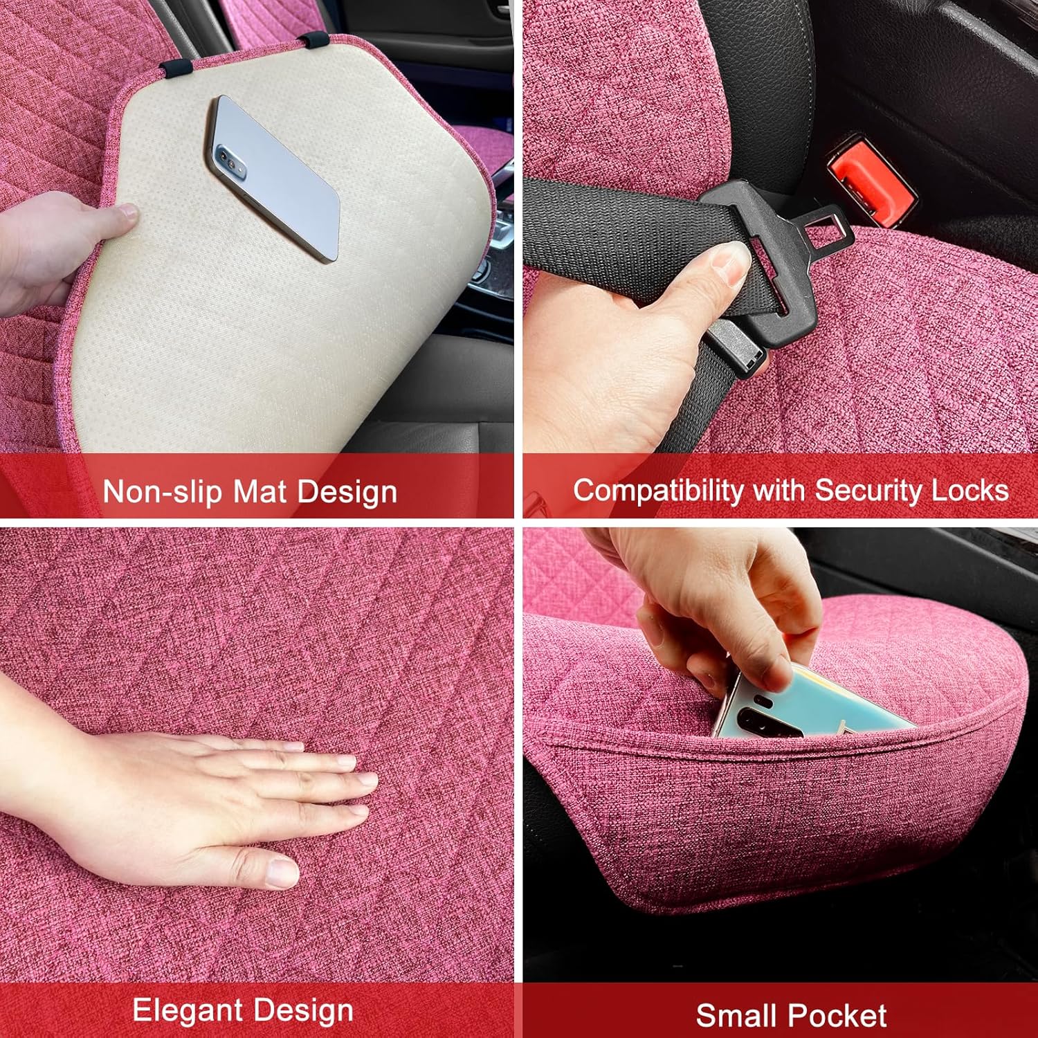 Linen Car Seat Cover - Non-Slip & Breathable - Universal Fit for Cars, Vans, SUVs, Trucks - 2 Units - Pink
