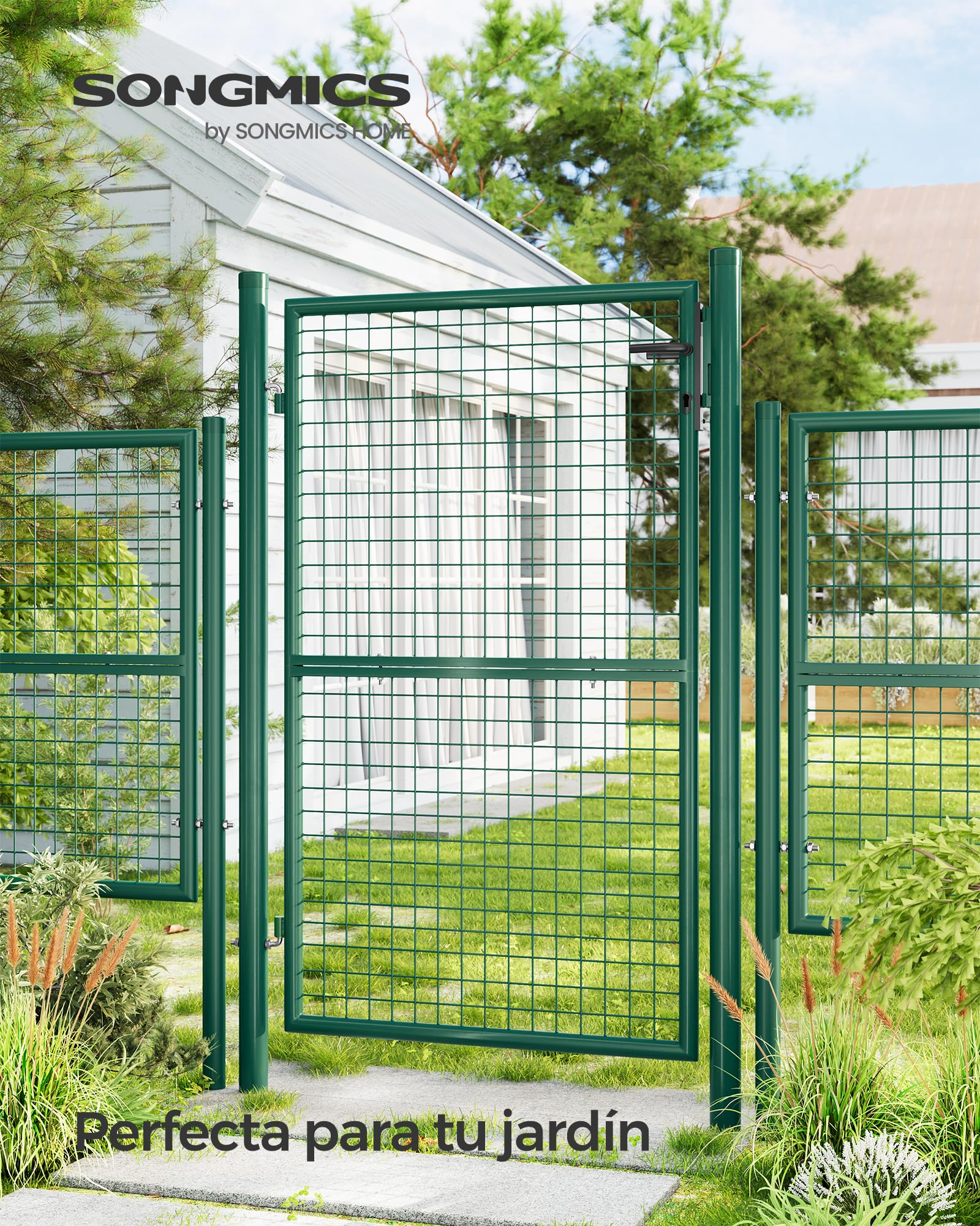 SONGMICS Puerta de Jardín de Acero Galvanizado, Puerta para Valla, con Cerradura, Manija y Llave, 106 x 150 cm (Largo x Alto), Verde GGD200G