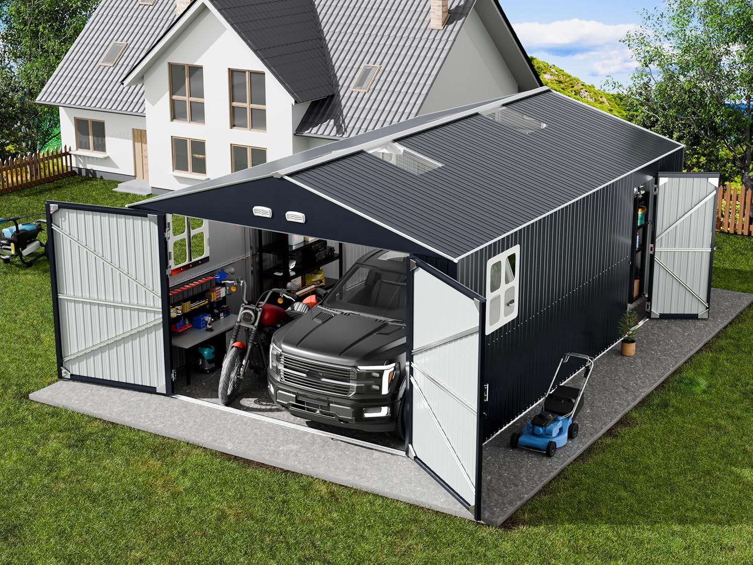 K Knowbody 13x20x8.3 FT Metal Garage Shed,Ultra-Reinforced Truss System,18-Gauge Powder-Coated Frame,100 PSF Snow, 150 MPH Wind Rated, Skylight Dual-Entry Large Outdoor Building,Carport,Workshop