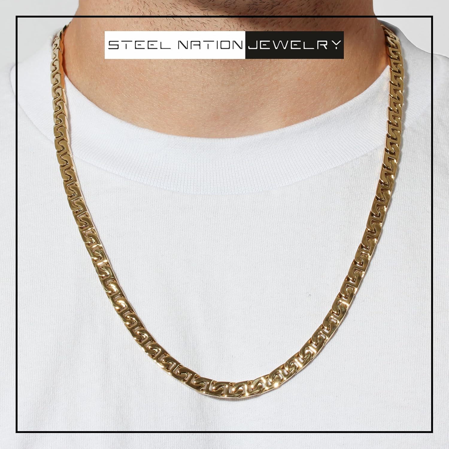 Men's Stainless Steel 6.5mm Flat Mariner Link Chain Necklace - Choice of Length and Color