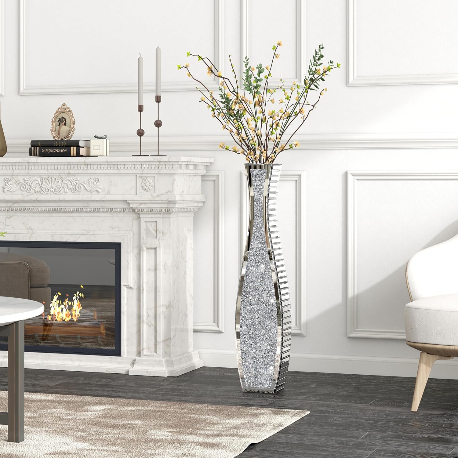 SHYFOY 36" Tall Crushed Diamond Floor Vase Silver Mirrored Tall Vases for Floor Large Crystal Decorative Glass Standing Vase Luxury for Home Decor Living Room Office Bedroom Kitchen - Image 3