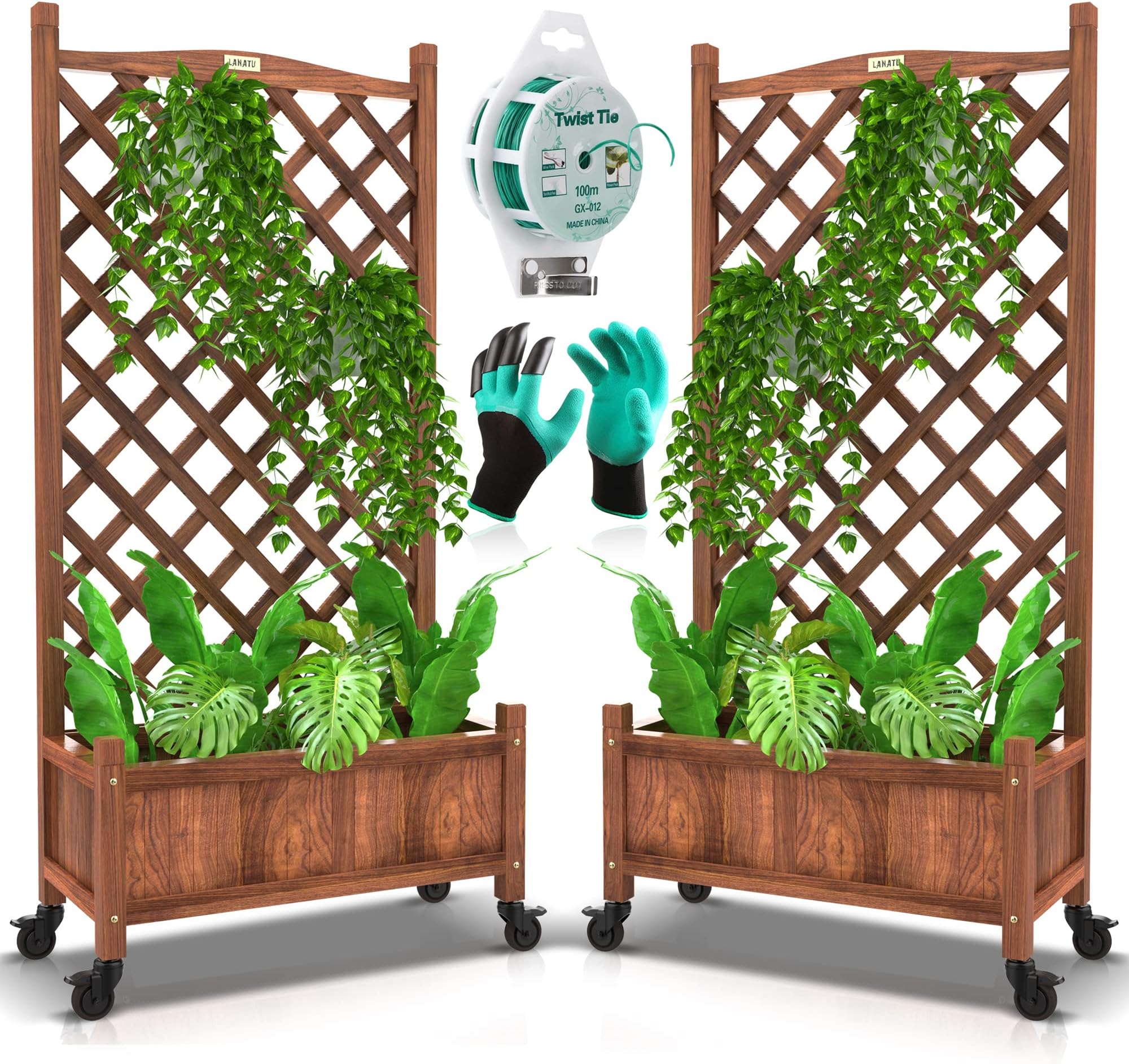 Wood Planter Box with Trellis - Set of 2 Raised Garden Bed with Wheels Outdoor Garden Flower Standing Planter Box for Patio Porch, W/Drainage Hole Set Included - Gloves & 328F of Twist Ties