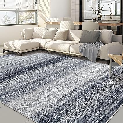 Nakagishi 10x12 Area Rug Living Room: Washable Boho Large Neutral Modern Soft Stain Resistant Farmhouse Indoor Floor Rug Non-Slip Accent Carpet for Bedroom Nursery Kids Playroom Office- Blue