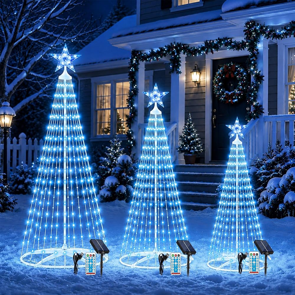 HELESIN 3 Pack Solar Christmas Cone Trees 4FT 5FT 6FT, Prelit Outdoor LED Tree with Star Topper, 8 Modes Dimmable USB Backup Waterproof Light Show for Yard Garden Patio Holiday Decorations, Ice Blue — 사진 1