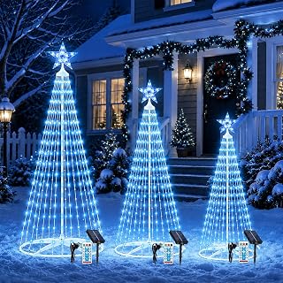 HELESIN 3 Pack Solar Christmas Cone Trees 4FT 5FT 6FT, Prelit Outdoor LED Tree with Star Topper, 8 Modes Dimmable USB Backup Waterproof Light Show for Yard Garden Patio Holiday Decorations, Ice Blue