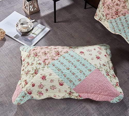 Miniatura 2 de Juego de fundas de almohada acolchadas con retazos de rosa y verde, estándar 20 x 26 pulgadas, paquete de 2, rosa verde