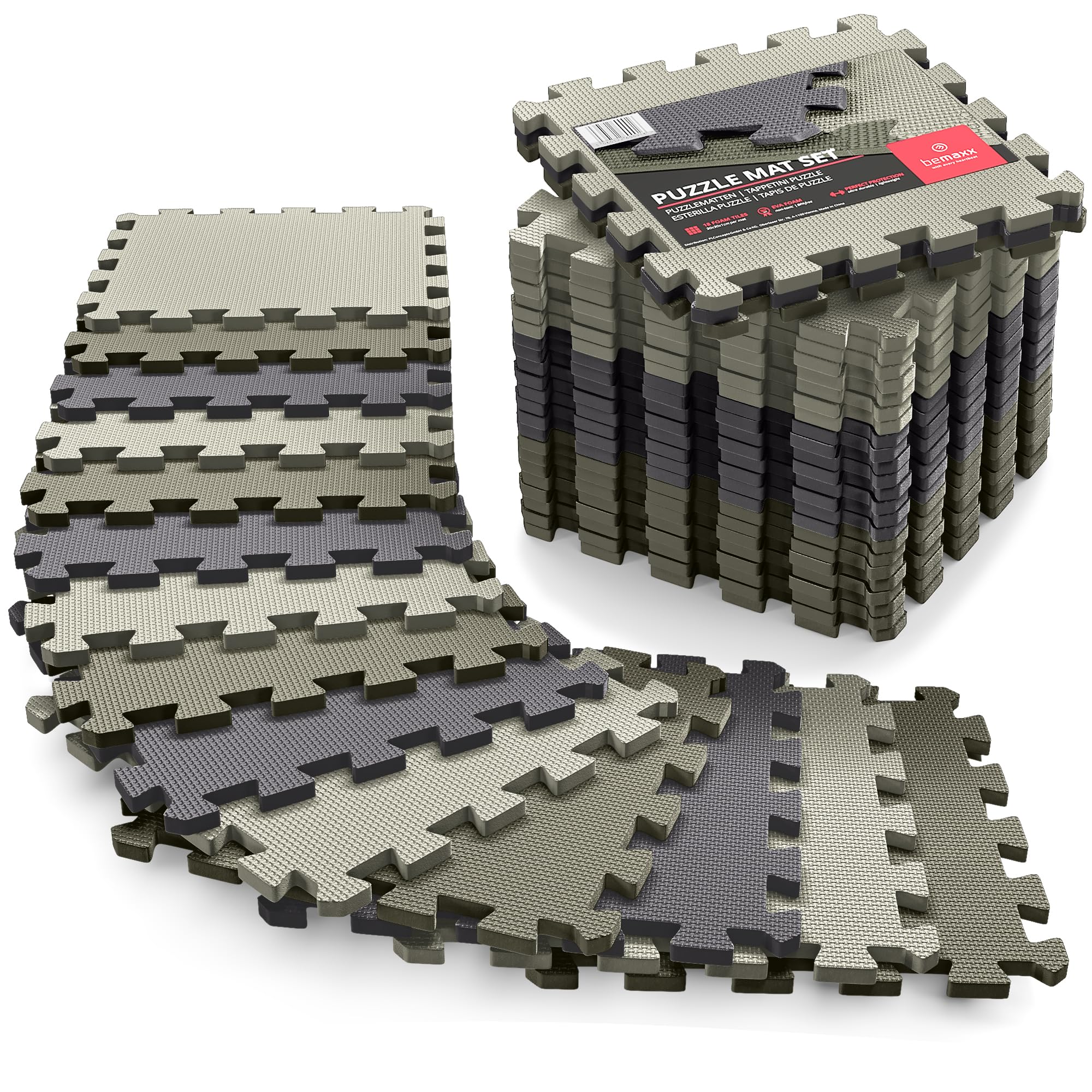 bemaxx Gym Mats Set - 18 pcs EVA Interlocking Foam Floor Tiles (12.6"x12.6"x0.4") 18sqft Protective Gym Flooring Sports Home Workout Exercise Mats Puzzle Garage Fitness Play-Room Garage Pool Treadmill