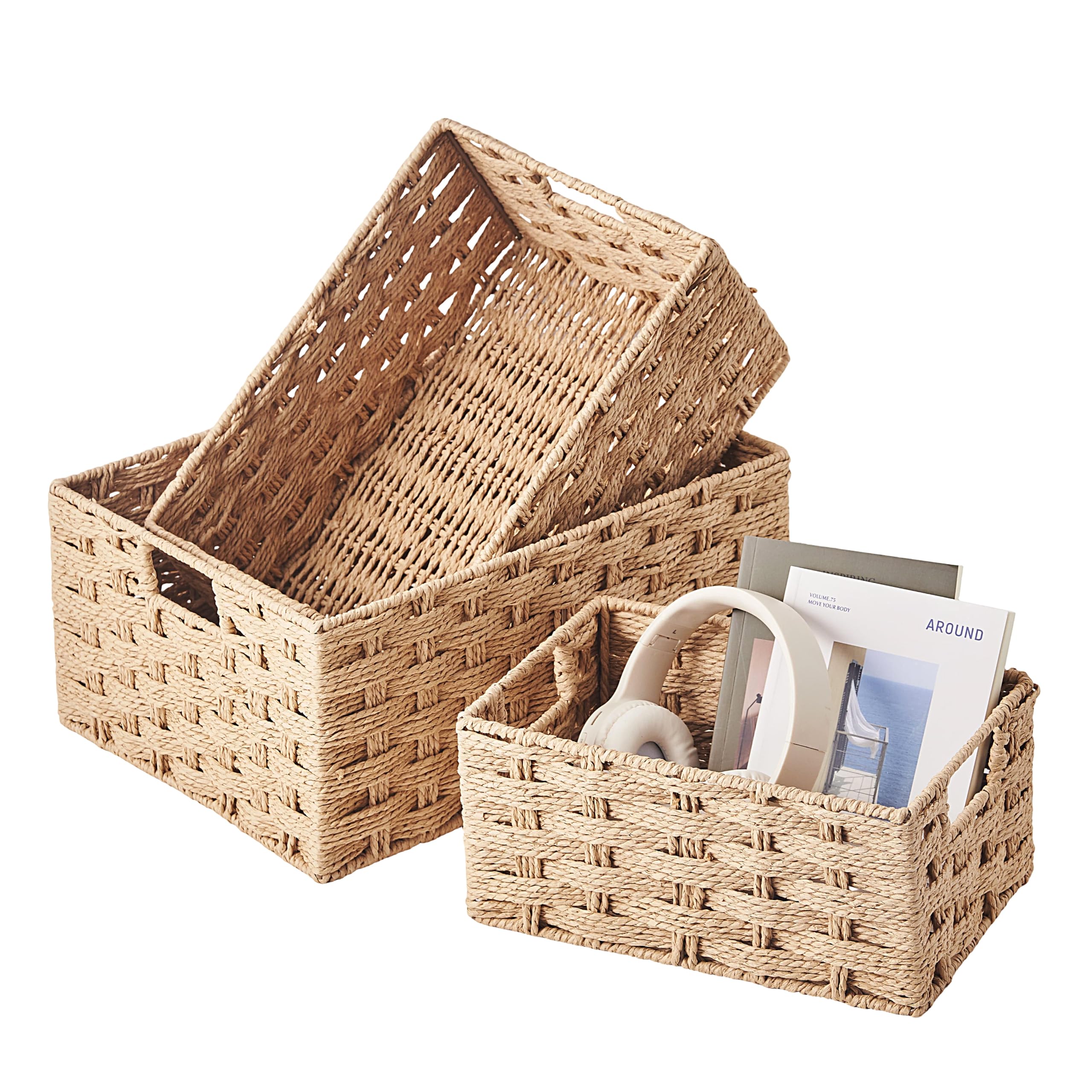 Eden & Willow Storage Baskets, 3Pcs Mixed Size Woven Straw Wicker Storage Baskets with Handle for Shelves, Utility Room, Kitchen, Bedroom, Organising Storage Baskets for Home & Office — image 1