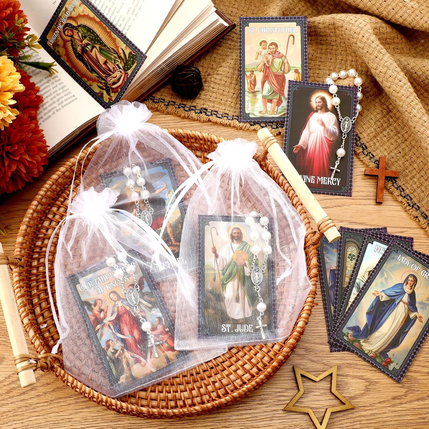 Sayglossy 10 Set Catholic Gifts Set White Religious Catholic Hanging Pendant and Prayer Card Saints Prayer Bead Rosary Beads Bracelet First Communion Baptism Gifts Car Rosary for Rearview Mirror
