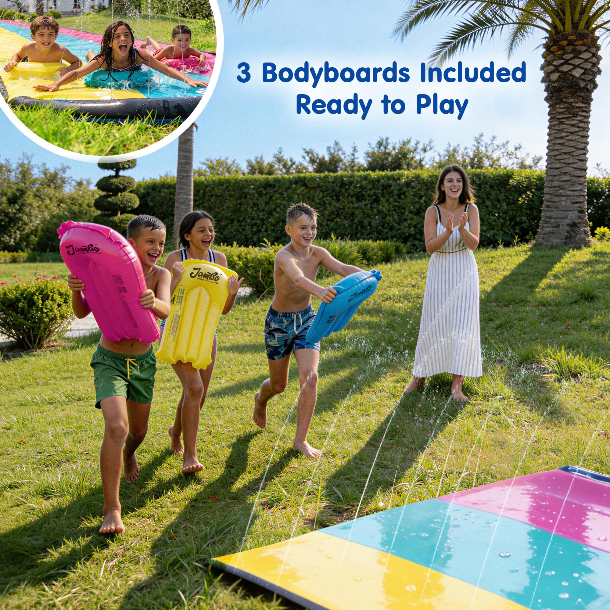 Jambo XL 20Ft Premium Slip Splash and Slide with 3 Bodyboards, Heavy Duty Water Slide- Advanced 3-Way Water Sprinkler System, Backyard Waterslide Outdoor Water Toys n Slides for Kids Splash Pad
