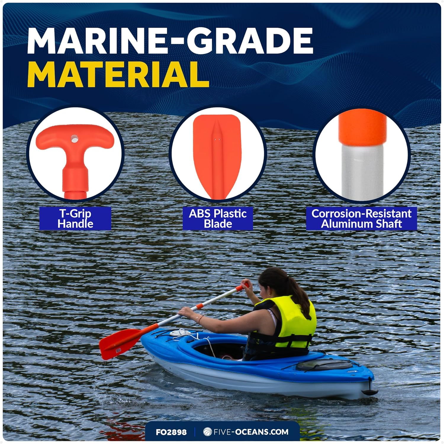 Five Oceans Emergency Telescoping Paddle, Boat Paddles, Floating Orange Paddle, Extends from 21" to 42", Compact Design for Easy Storage, Strong Anodized Aluminum Shaft