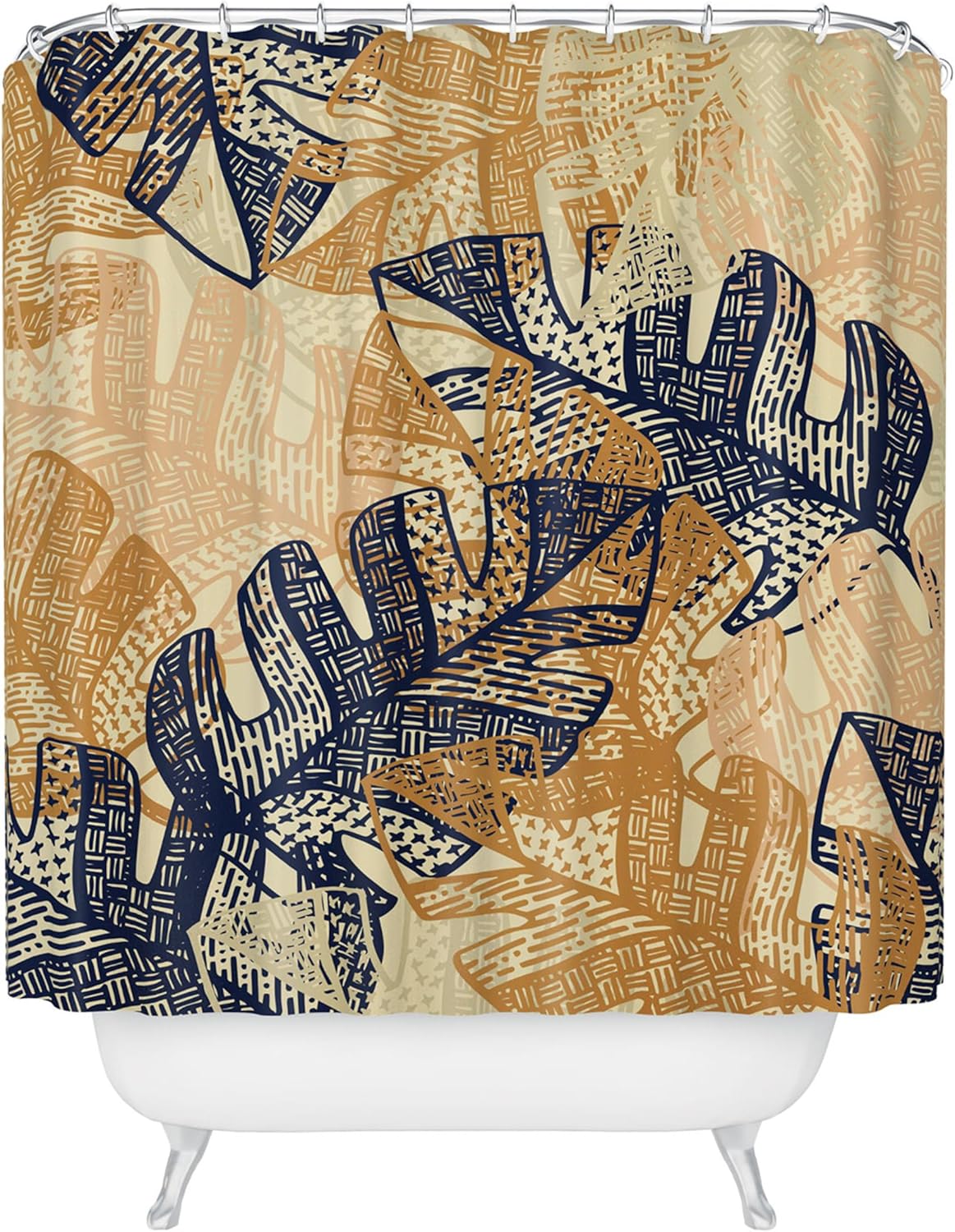 Society6 Shower Curtain - Bathroom Decor by Urban Wild Studio - Extra Long Fabric Shower Curtains for Bathroom, 71" x 74", Jungle Tangle Navy Blush Gold