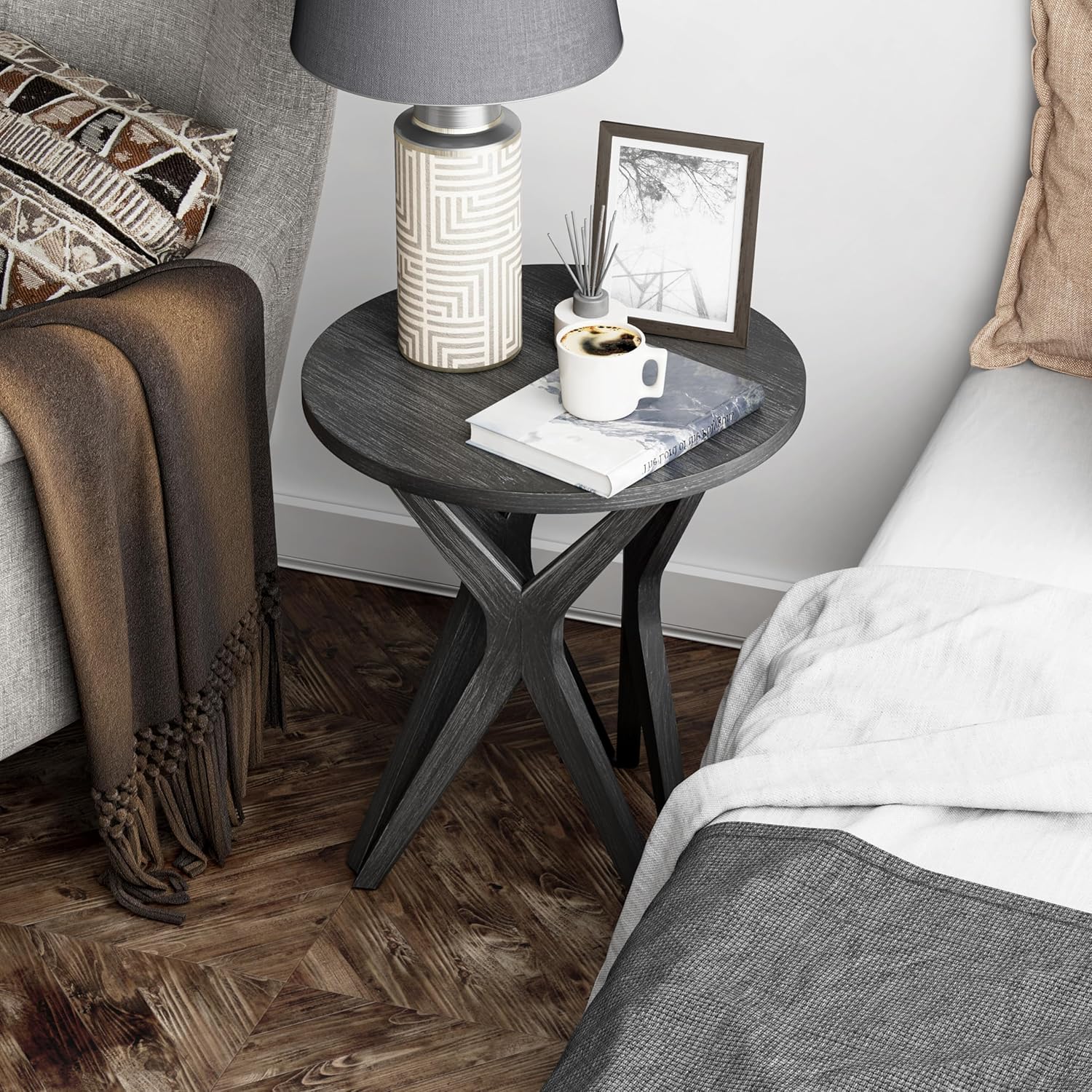 COZAYH Pedestal Farmhouse End Table Set of 2, Disrtessed Black Top with Tripod Base for Modern Farmhouse, Boho Decor, Round