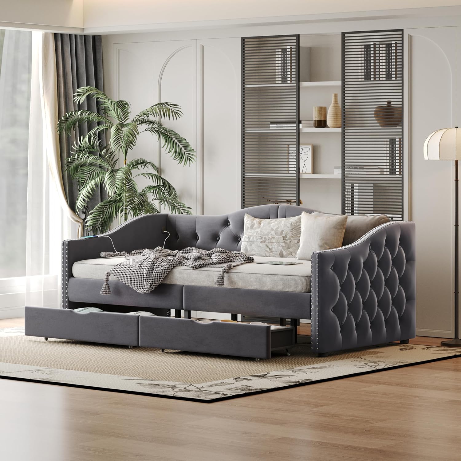 Daybed with Storage Drawers, Twin Size Velvet Upholstered Sofa Bedframe w/USB Port, Button Tufted Backrest and Nailhead Design Daybeds for Bedroom, No Box Spring Needed (Dark Grey, Full w/Drawers)