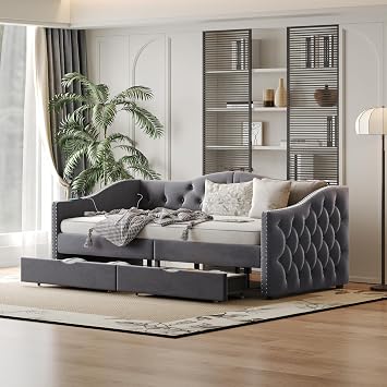 SOFTSEA Twin Size Daybed with Storage Drawers, Upholstered Twin Daybed with Charging Stations & Tufted Headboard, Velvet Day Bed Frame for Small Space, for Kids Teens Adults, Gray