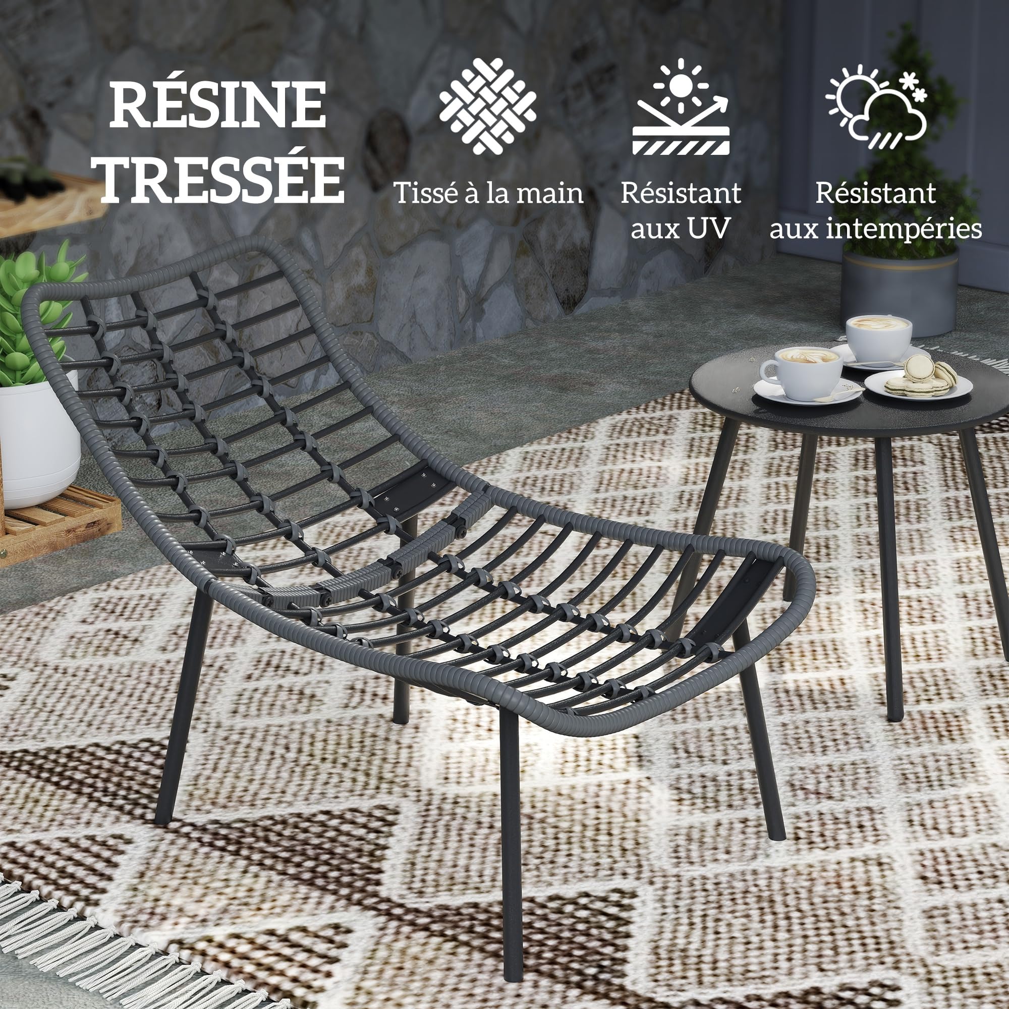 Outsunny Salon de Jardin Extérieur 2 Personnes en Résine Tressée Acier Gris