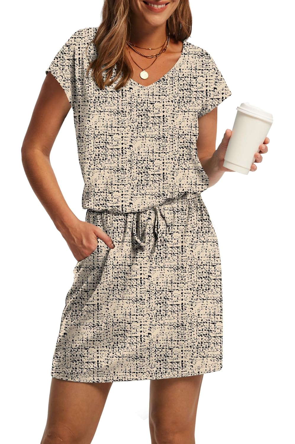 OFEEFAN Summer Dresses for Women 2026 V Neck T Shirt Casual Mini Dresses Tie Waist Sundresses with Pockets