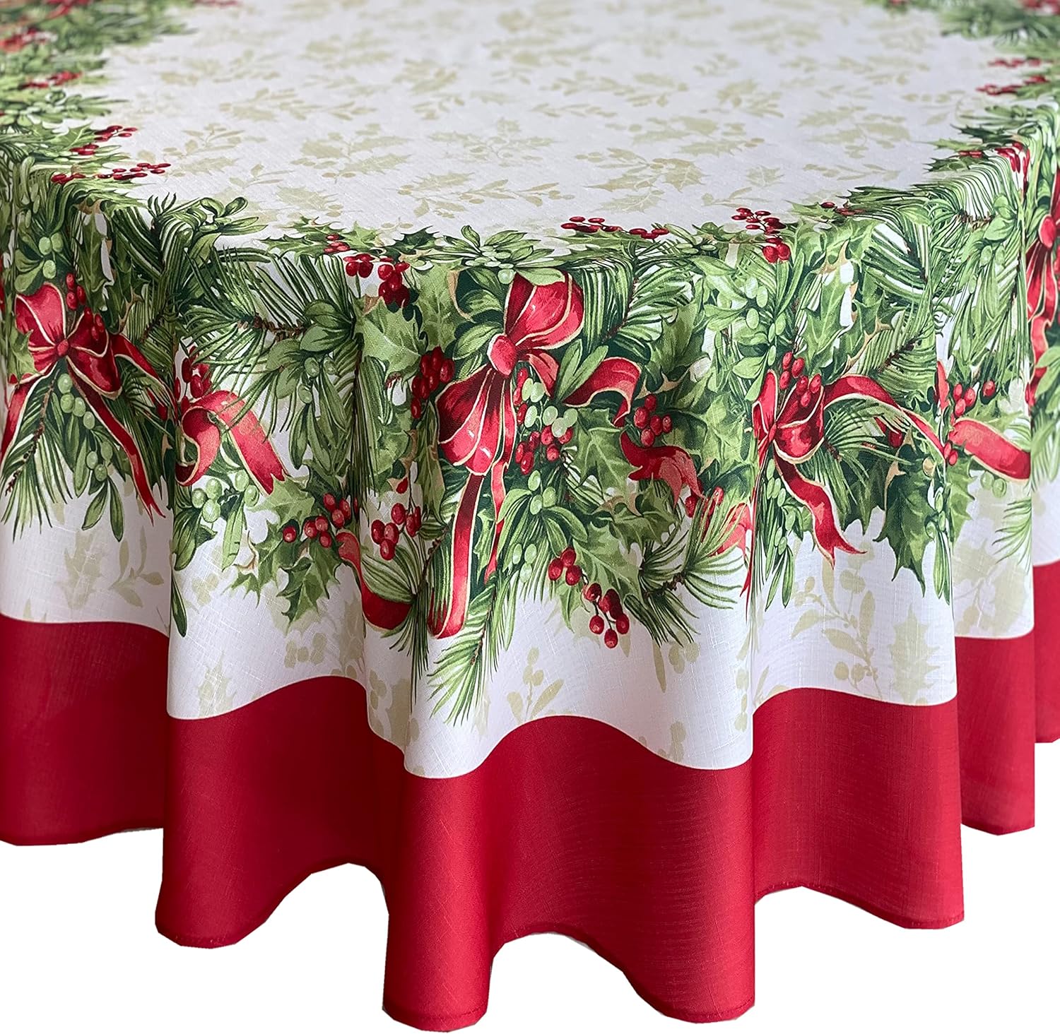 Newbridge Holly Ribbon Traditions Bordered Christmas Fabric Tablecloth, Boughs of