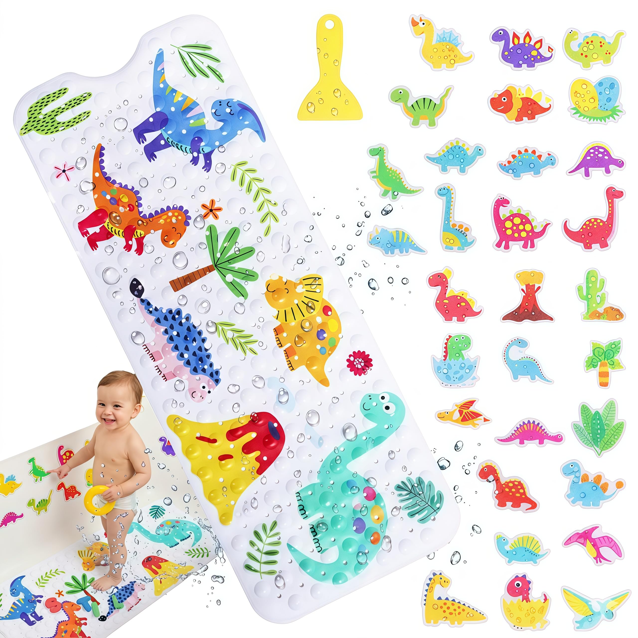 GWCYMYD Baby Bath Mat Non Slip Anti Mould, 100x40cm Extra Long Bathtub Mat for Kids with 30 Shower Stickers, Large Soft PVC Tub Mats with Suction Cups (Colourful Cartoon Dinosaur)