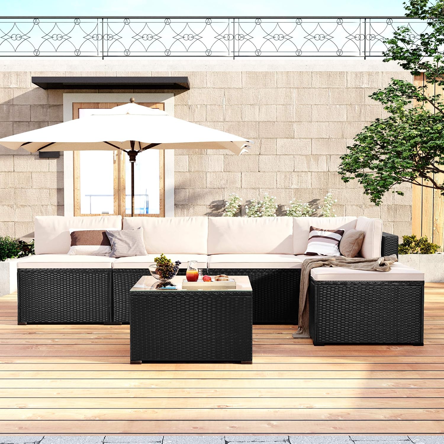 Outdoor Furniture Sofa Set PE Rattan Black Wicker, Patio Chaise Lounge Chair with Removable Cushions and Glass Coffee Table Suitable Backyard Poolside Lawn Pool Garden Porch