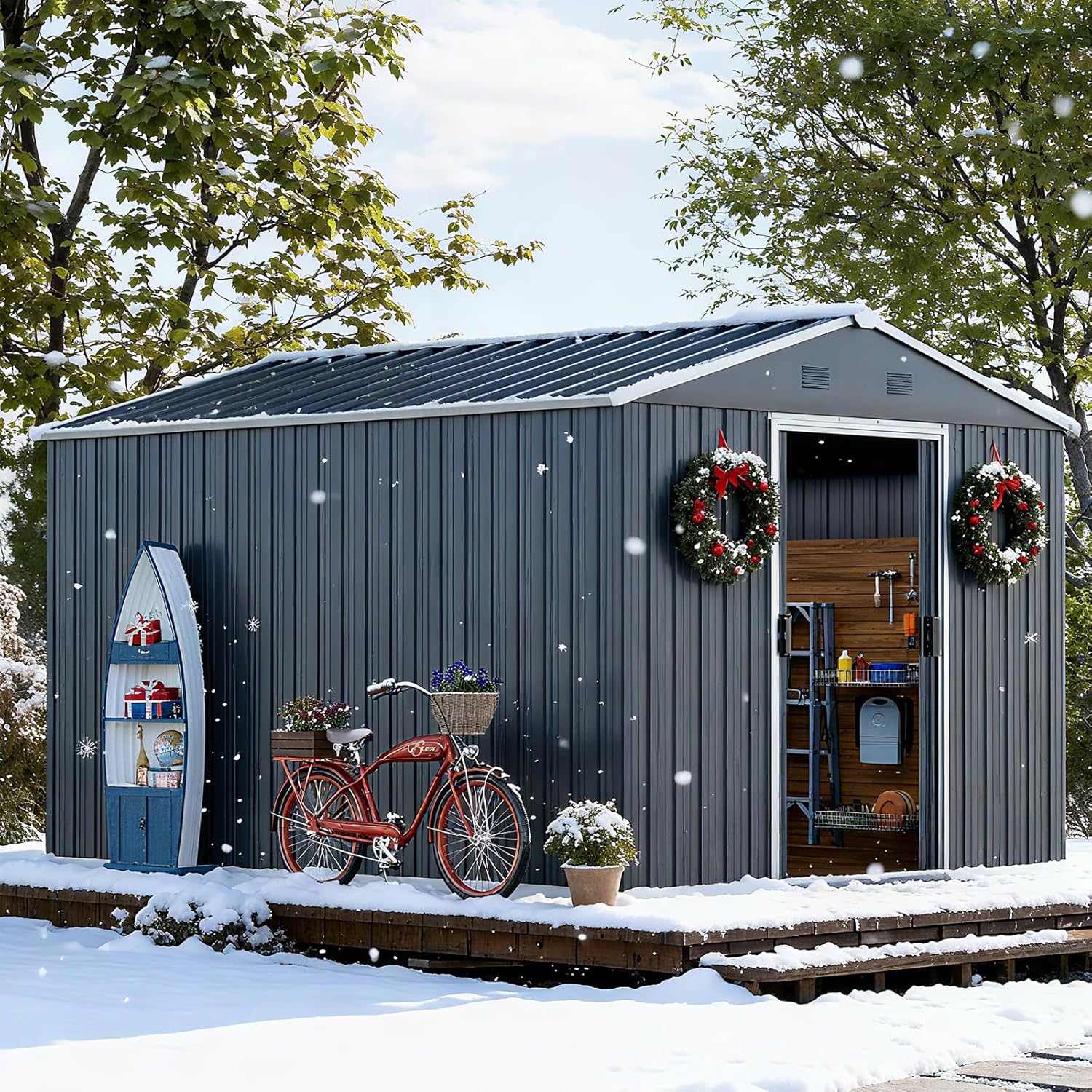 10x8 FT Outdoor Storage Shed, Large Garden Tool Metal Sheds with Sloping Roof and Lockable Door, Outdoor Storage Shed for Backyard Garden Patio Lawn, Grey