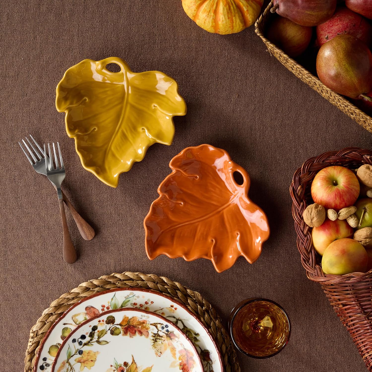 Autumn Meadows LEAF PLATES, SET of 4 —8x7-inch sculptural stoneware plates shaped as autumn leaves in harvest gold and burnt orange, perfect for small bites and seasonal entertaining.