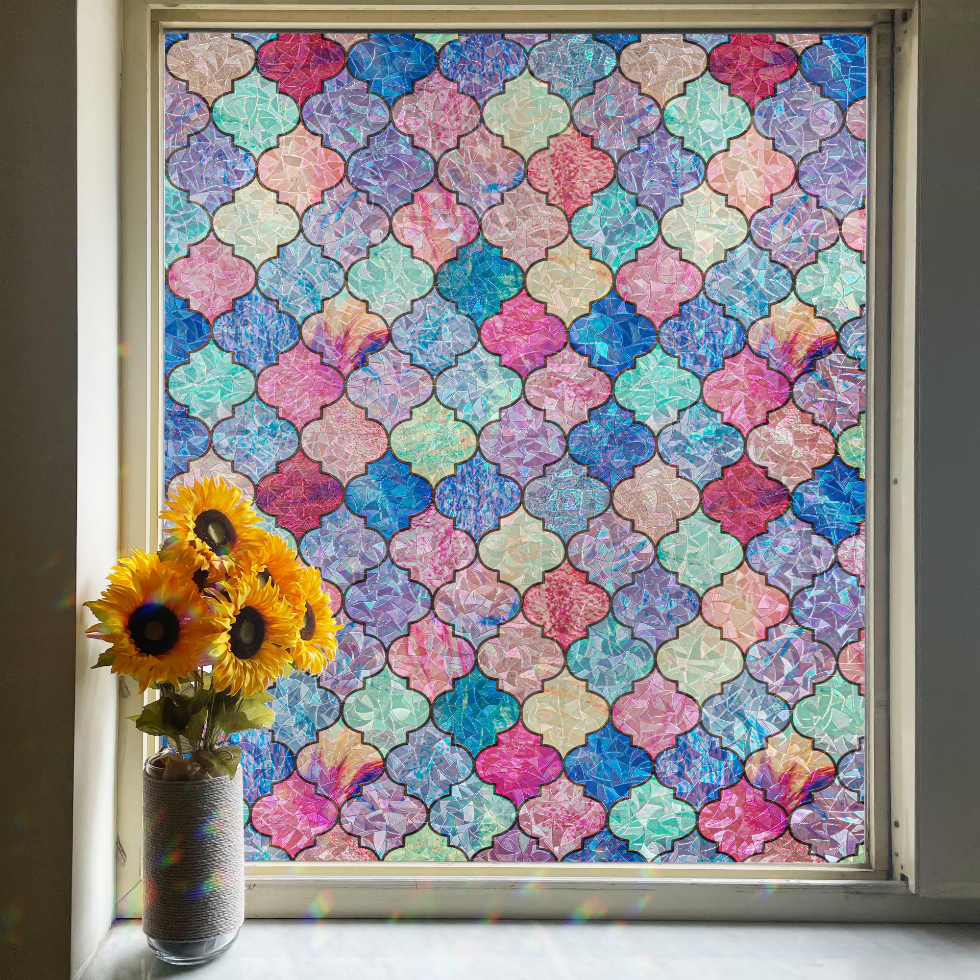 FEOMOS Stained Glass Window Film, Window Privacy Film Rainbow Decorative with No-Glue, Static Cling Window Tint Window Glass Covering Sticker for Home Decor & UV Heat Blocking, 17.3 x 118 Inches