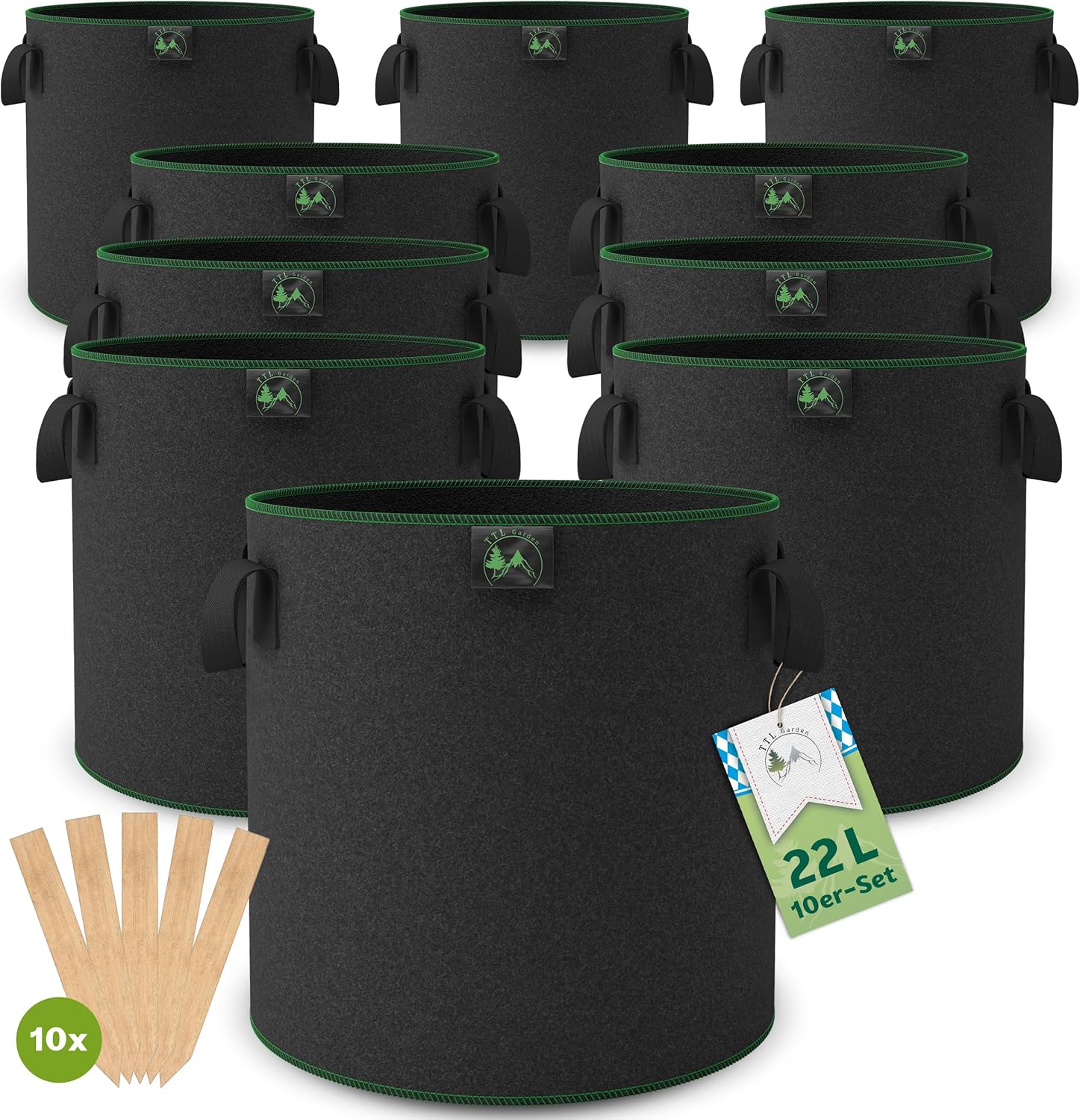 TTL Garden 10x 22L Pflanzsack aus Vlies Stoff - 10er Set 20L +10% = 22 Liter Pflanztaschen aus 300 g/m² Filz & Vliesstoff - Pflanzgefäß Pflanzbeutel für Balkon Terrasse Gewächshaus & Garten