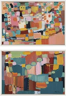 Kate and Laurel Sylvie Sunset Fiesta Set No 1 and Sunset Fiesta Set No 2 Framed Canvas Wall Art by Leah Nadeau, Set of 2, 23x33 White, Decorative Abstract Art Print for Wall