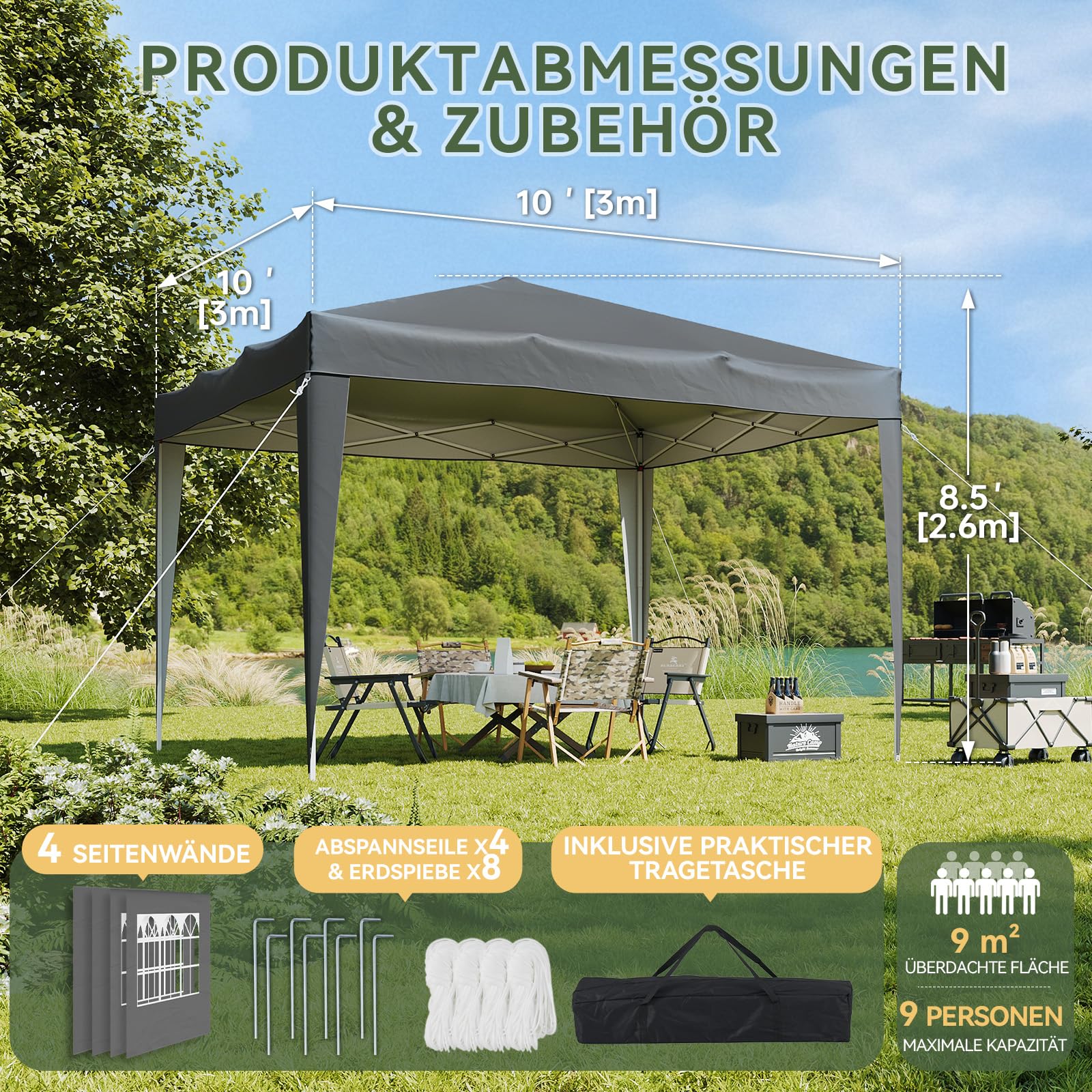 Aoxun Pop Up Pavillon 3x3 Wasserdicht mit 4 Seitenwänden, Metallrahmen-Schutzzelt, Höhe Verstellbar, 3mx3m Faltpavillon mit Tragetasche für Camping Party, Grau