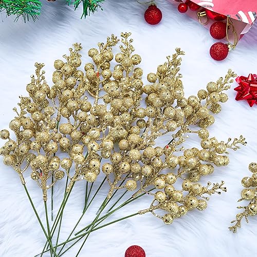 Miniatura 6 de Joiedomi 18 adornos artificiales de tallo de bayas con purpurina para Navidad, palitos decorativos de cuentas de 10 pulgadas, ramitas brillantes,
