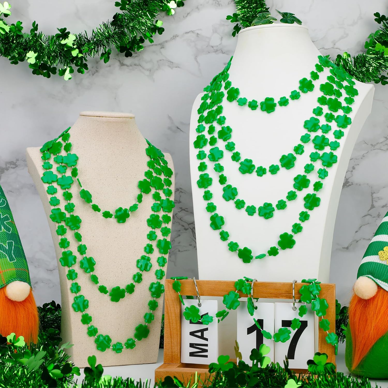 24PCS St Patricks Day Necklace, Shamrock Green Beads St Patrick's Day Necklace, Irish Saint Patricks Day Accessories Bulk, St. Patricks Day 4 Leaf Clover Decorations Throw for Parade Party Supplies