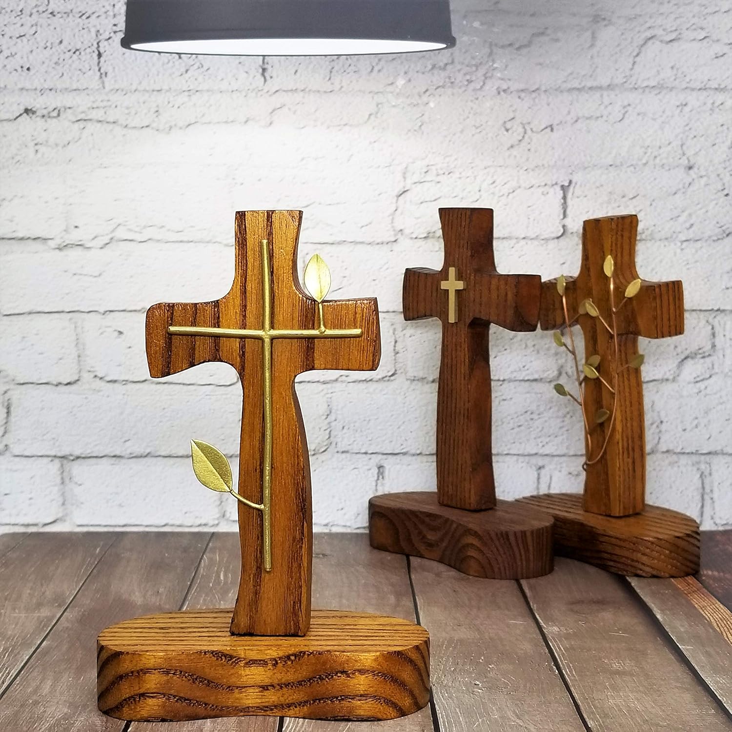 GoldenTBox Handmade Holy Standing Table Altar Wood Cross with Metal Detailing for Gift or Home Work Office Decor on Easter, Mother’s Day, Father’s Day, Christmas, Wedding Anniversary (Brass Cross)