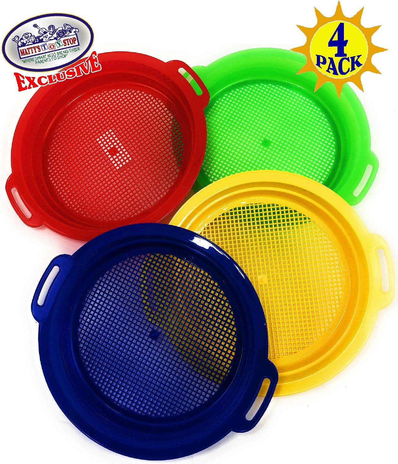Matty's Toy Stop Sand Sifter Sieves for Sand & Beach (Red, Blue, Yellow & Green) Complete Gift Set Bundle - 4 Pack (8.75'' x 9.75")