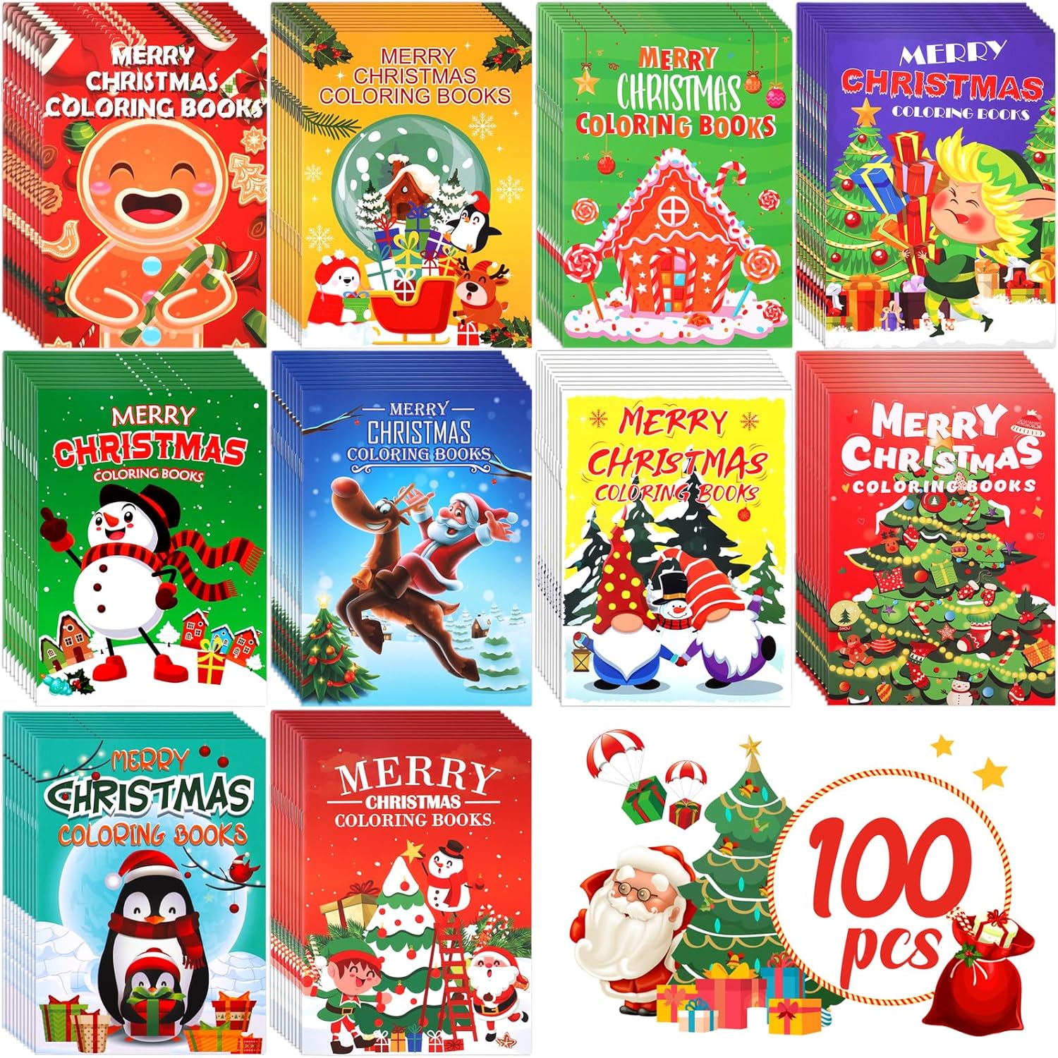 90shine 100Pcs Christmas Coloring Books: Xmas Goodie Bags Stuffers Stockings Gifts Party Favors Fun Holiday Supplies