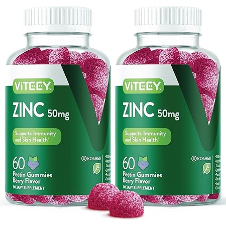 Zinc 50MG Gummies for Healthy Immune Support - for Adults and Teens - Dietary Supplement, Pectin Based, Vegan, Gelatin Free, Gluten Free, Berry Flavor Chewable Gummy [60 Count 2 Pack]