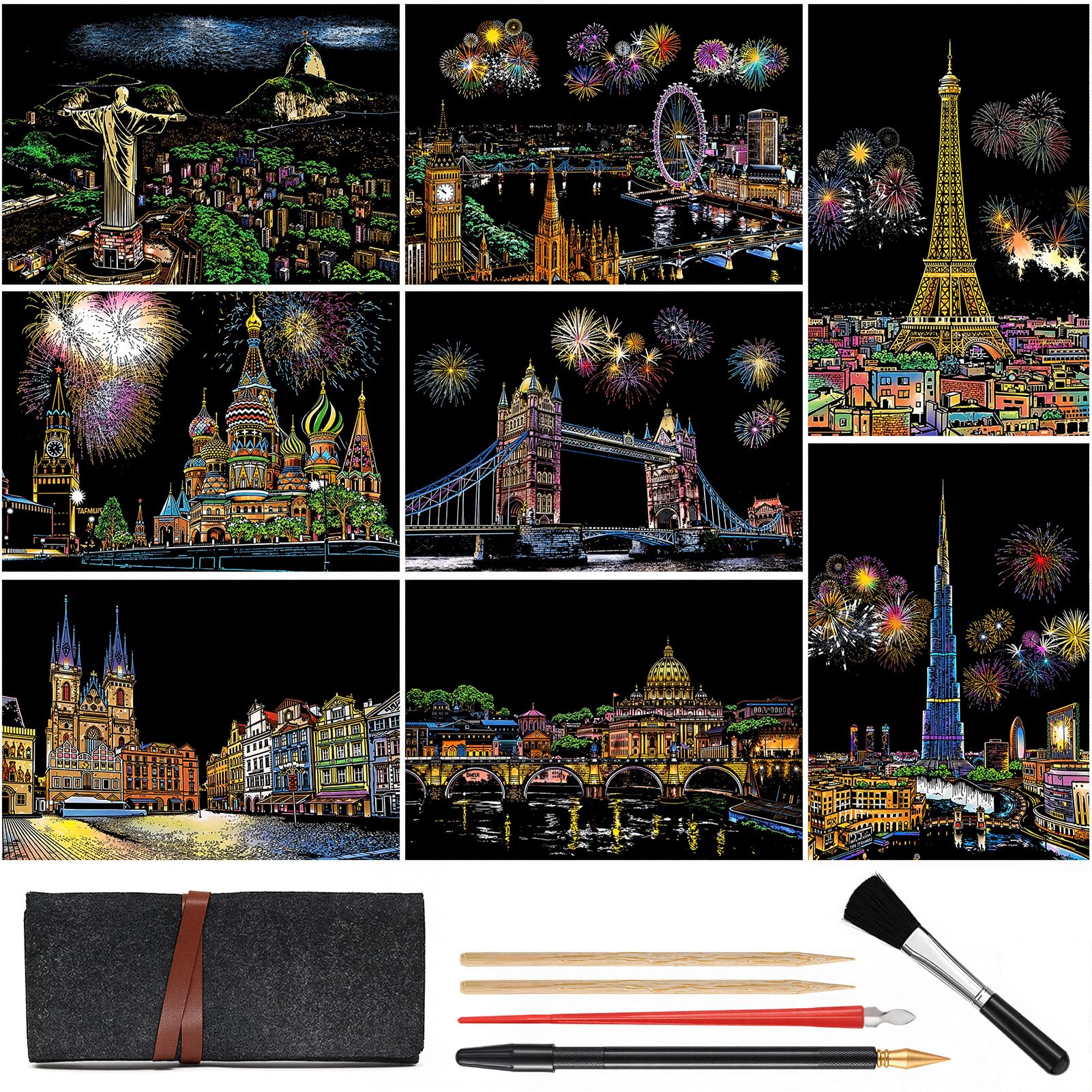 8-Sheet Rainbow Scratch Art with Tools for Adults &amp; Teens, A4 Landmarks
