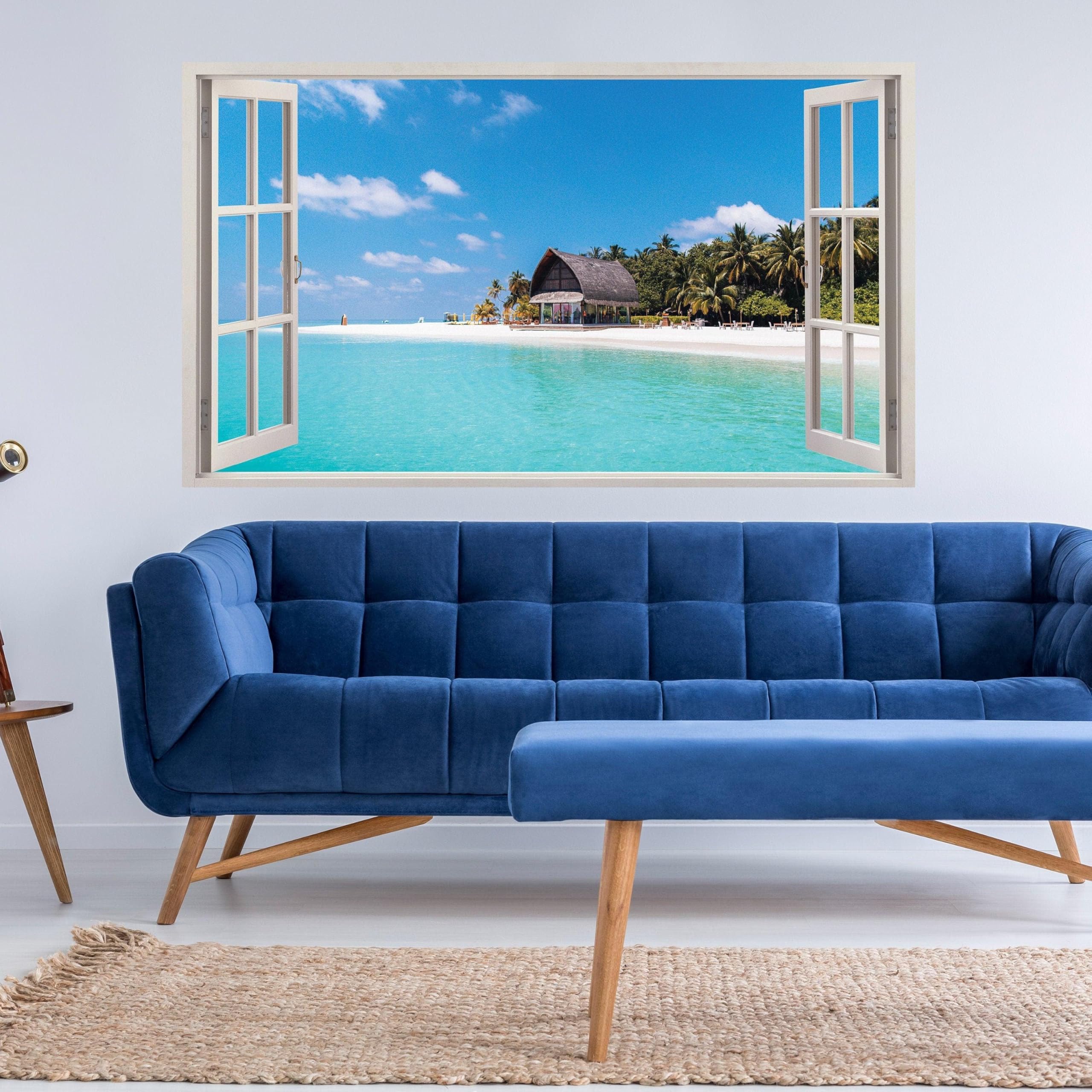 Adhesivo de pared 3D con ventana y vista a la playa, removible para dormitorio, escena del océano, vinilo para habitación, 63 x 38 pulgadas, muestra 1