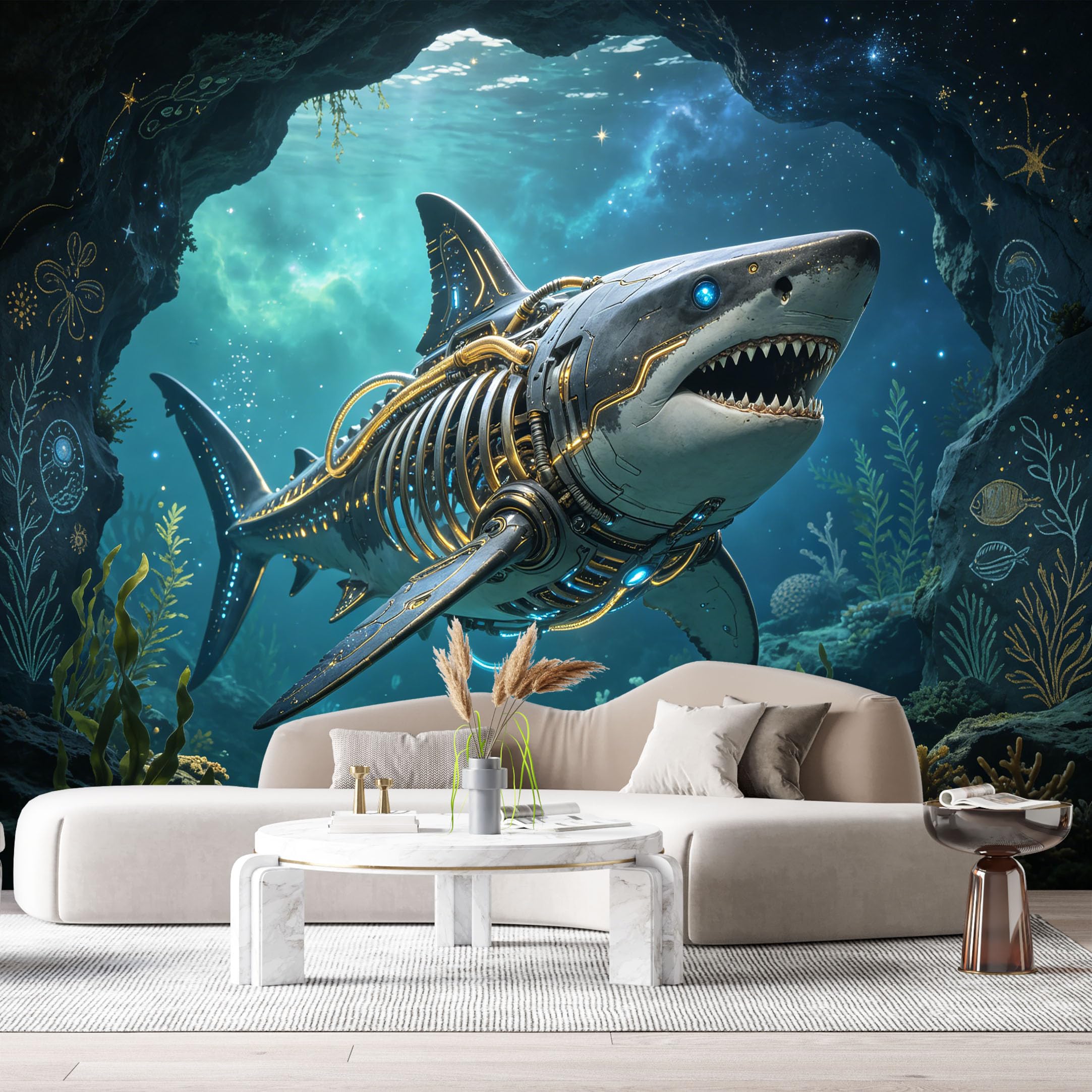 Custom Size Wall Mural Cyber Mechanical Aquatic Predator Ocean Mech Art 3D SciFi Deep Sea Robot SelfAdhesive Art Prints Removable Large Wallpaper Esports Game Room Tenant Room Studio