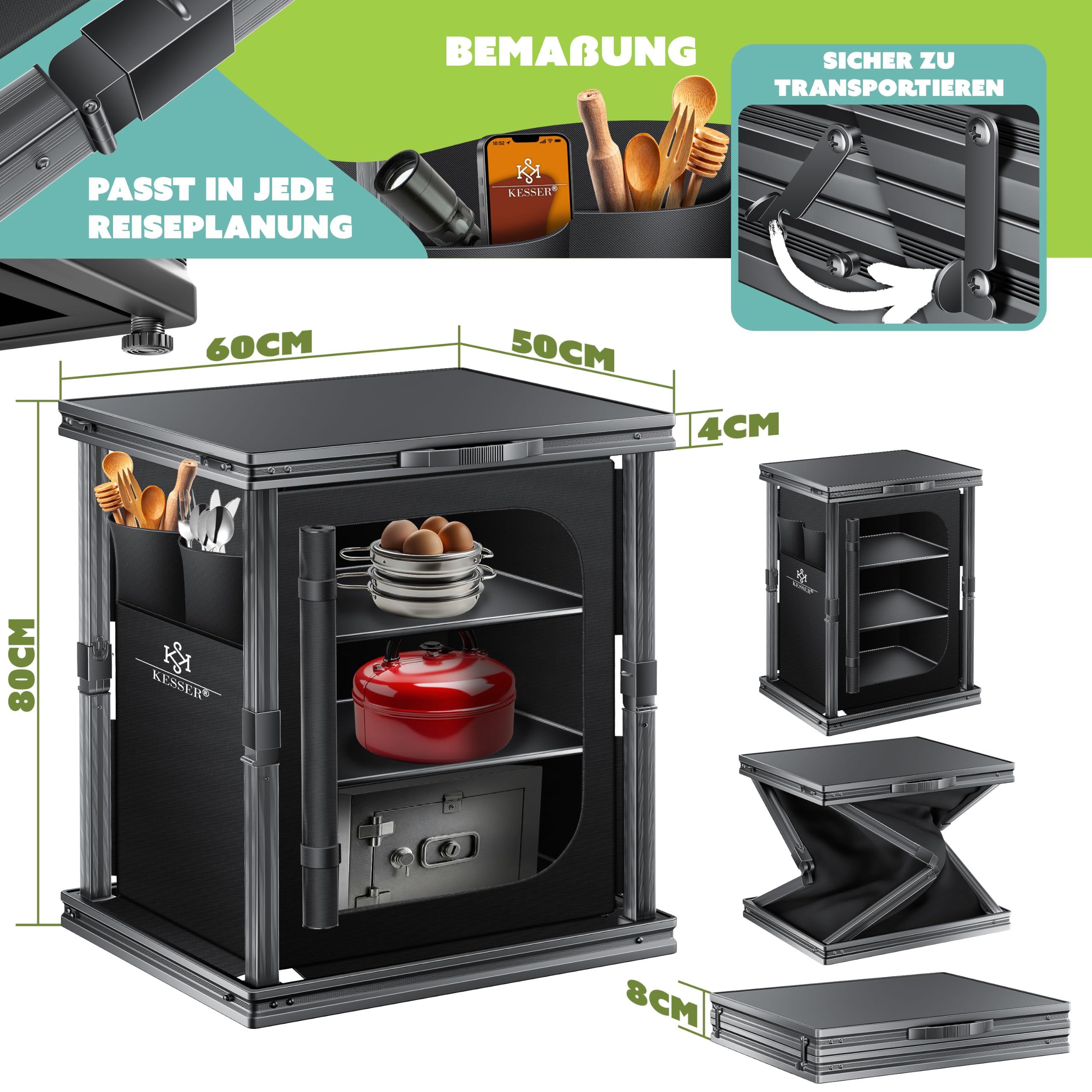 KESSER® Camping Küche faltbar | Outdoor Campingschrank 60x80cm | Küchenschrank mit Aluminiumgestell, 3 Fächer inkl. Seitentaschen & Fliegengitter | Campingküche aus UV-resistentem Stoff