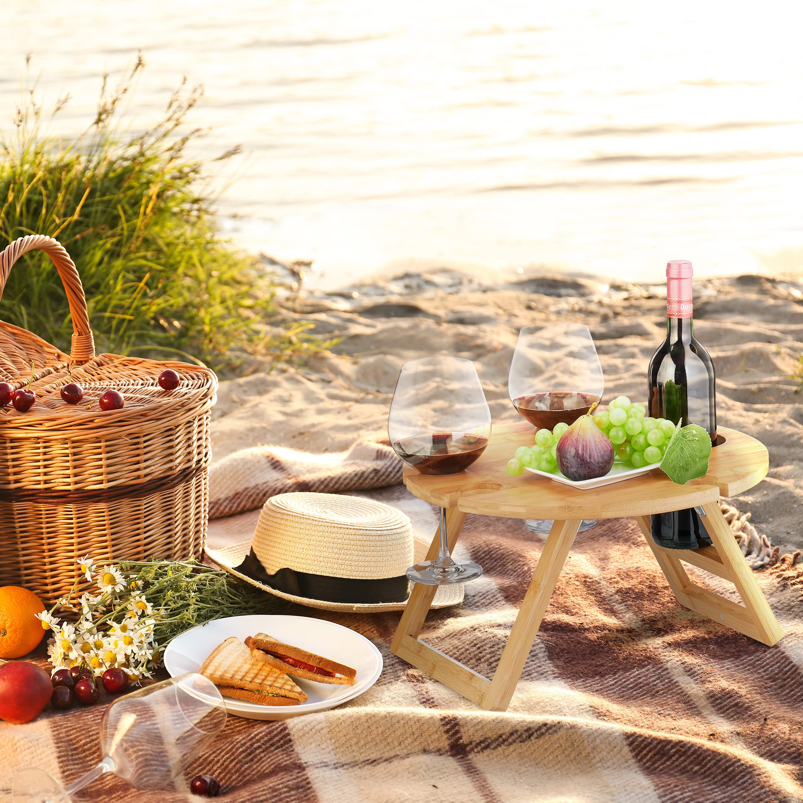 Relaxdays Tavolino Pieghevole, Vassoio per Letto e Picnic, Gambe Richiudibili, bambù, Rotondo, HD: 22 x 39 cm, Naturale