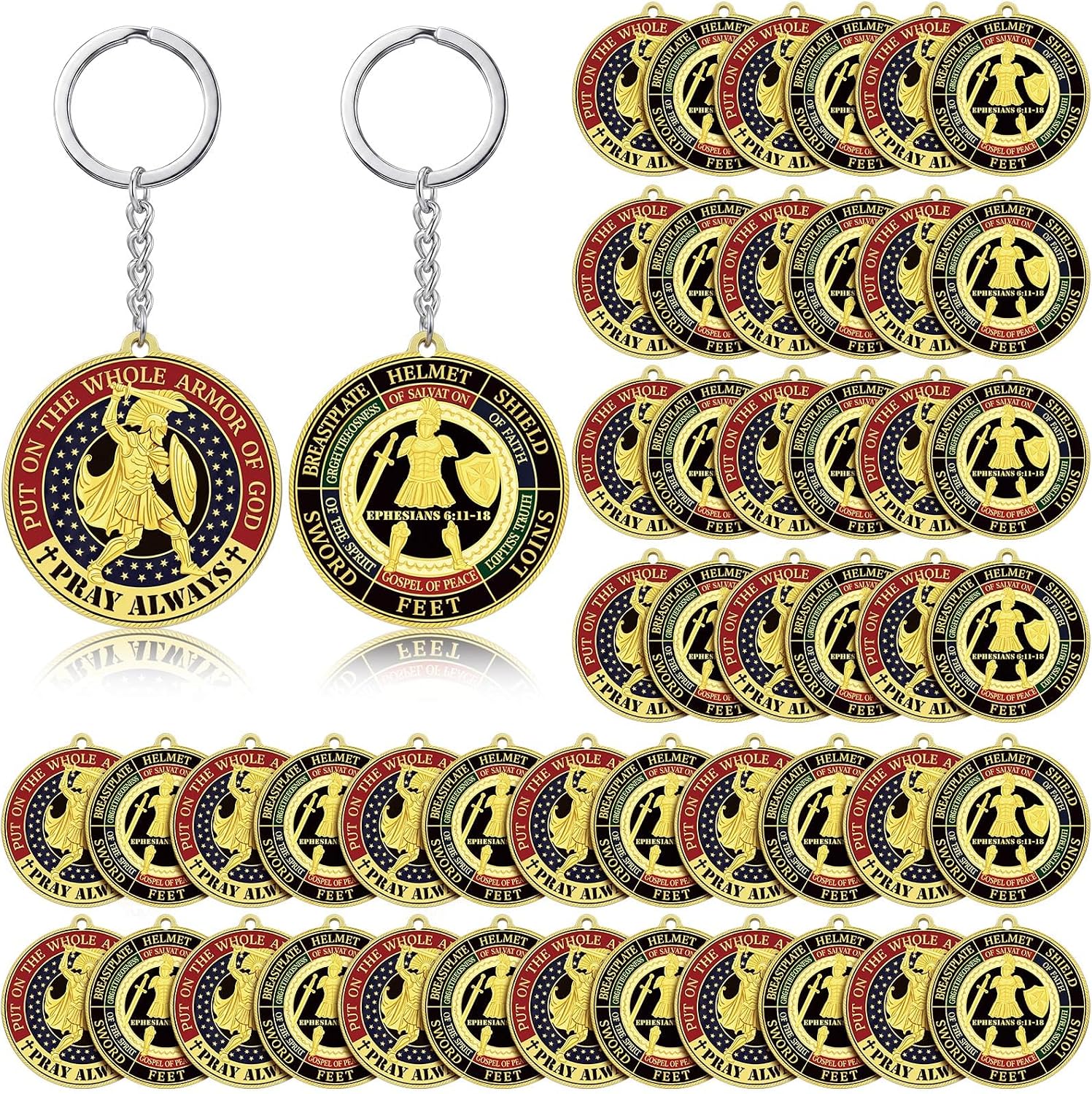 48 Pcs Christian Keychain Bulk Put on the Whole Armor of God Gifts for Men USA Patriotic Themed Retirement Appreciation Gift for Soldier Veteran Heroes Supplies