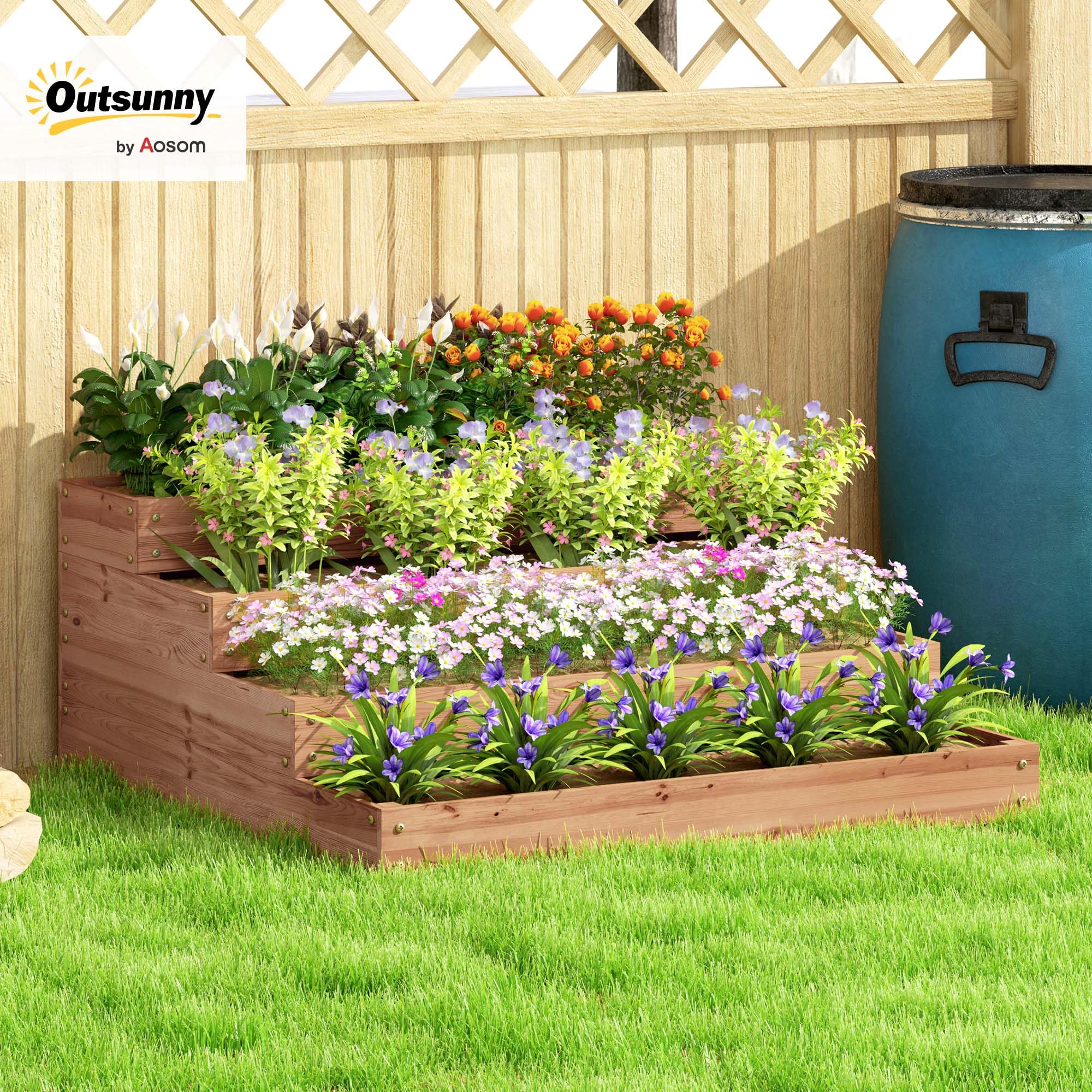 Outsunny Jardinera de Madera Elevada 4 Niveles 113x113x46 cm Café Oscuro | Jardinera Exterior Grande, Diseño de Escalera, Huerto Urbano, para Cultivos Plantas Flores, Patio Terraza Balcón