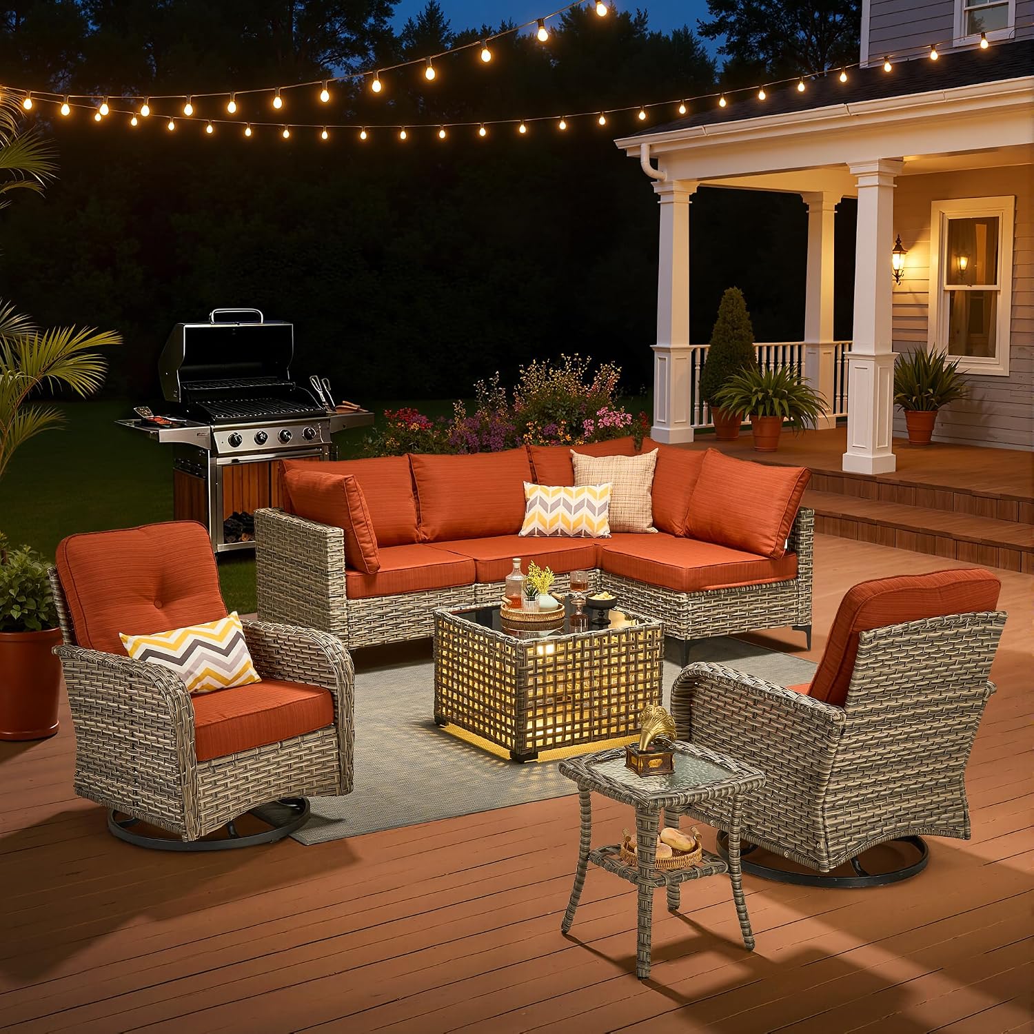HOOOWOOO 8-Piece Outdoor Patio Furniture Set with Swivel Rocking Chair, Wicker Sectional Sofa with Cushions, Atmosphere Lighting Coffee Table, Modern Garden Furniture for Backyard, Deck, and Porch
