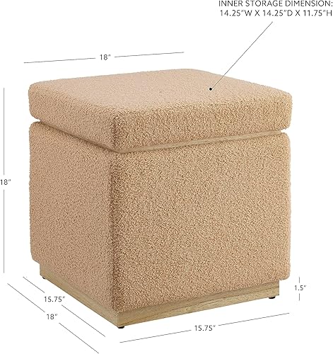 Miniatura 3 de Linon Tan Lexington Sherpa - Otomana cuadrada tapizada con decoración de madera de pino