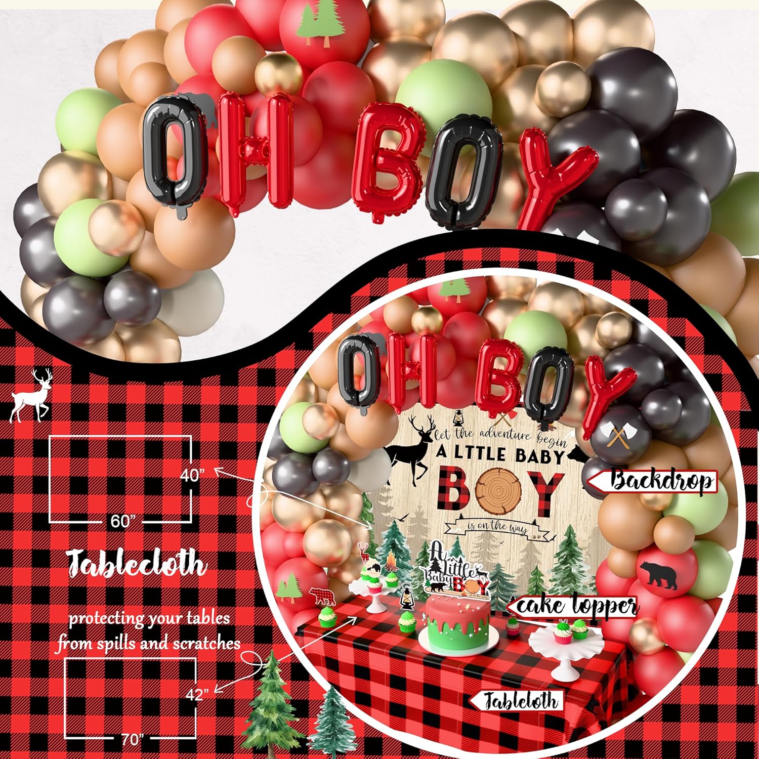 Lumberjack Baby Shower Party Decorations,Buffalo Plaid Lumberjack Baby Boy Shower Supplies,Forest Winter Mama Papa Bear Sash Pin Balloon Arch Backdrop Tablecloth Topper for Baby Shower Decorations Boy
