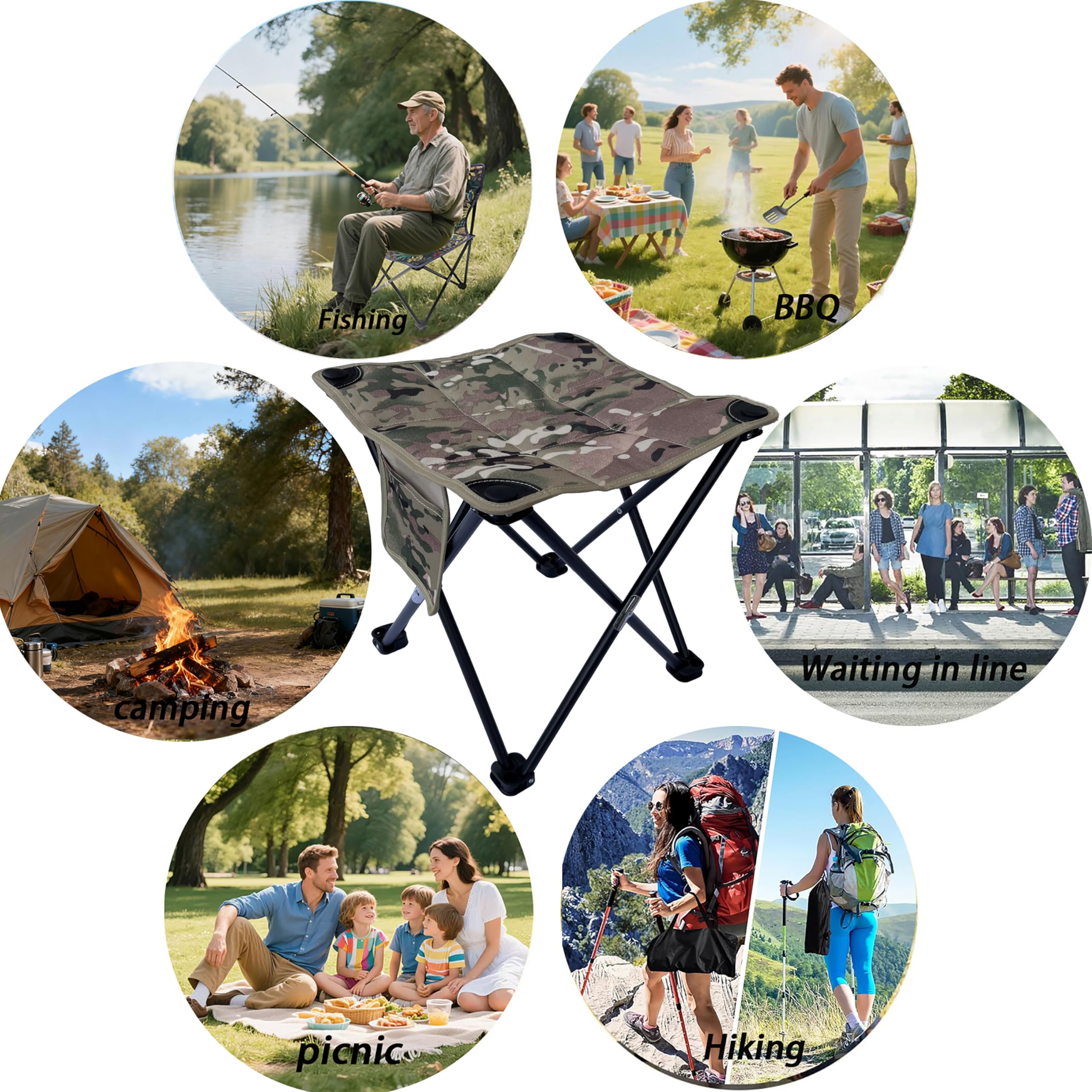 Sgabello da campeggio pieghevole portatile in 2 pezzi, con poggiapiedi in cotone, sedile da esterno, adatto per pesca, picnic, barbecue in spiaggia, escursionismo, con tasche laterali, 35,6 x 35,6 x