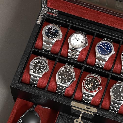 Vista 37 de ROTHWELL Caja de reloj de cuero de 10 ranuras con cajón de valet, organizador de exhibición de lujo con forro de microgamuza ultrasuave, soporte