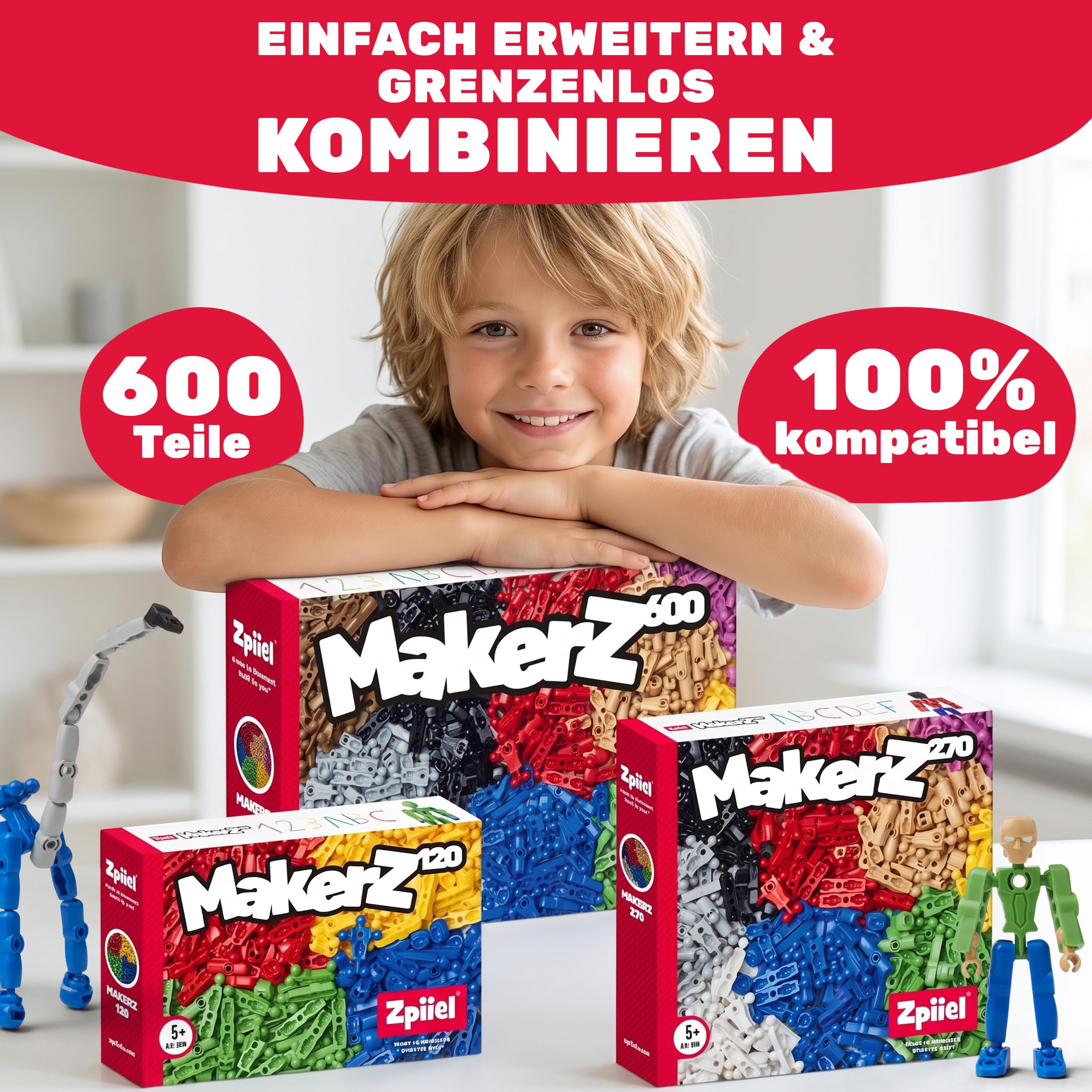 MakerZ Konstruktionsspielzeug für Kinder ab 5 Jahren - Kreativ-Bausteine mit verschiedenen Form-Elementen für 2D & 3D, STEM Lernspielzeug, Made in Denmark, BPA-FREI (270)
